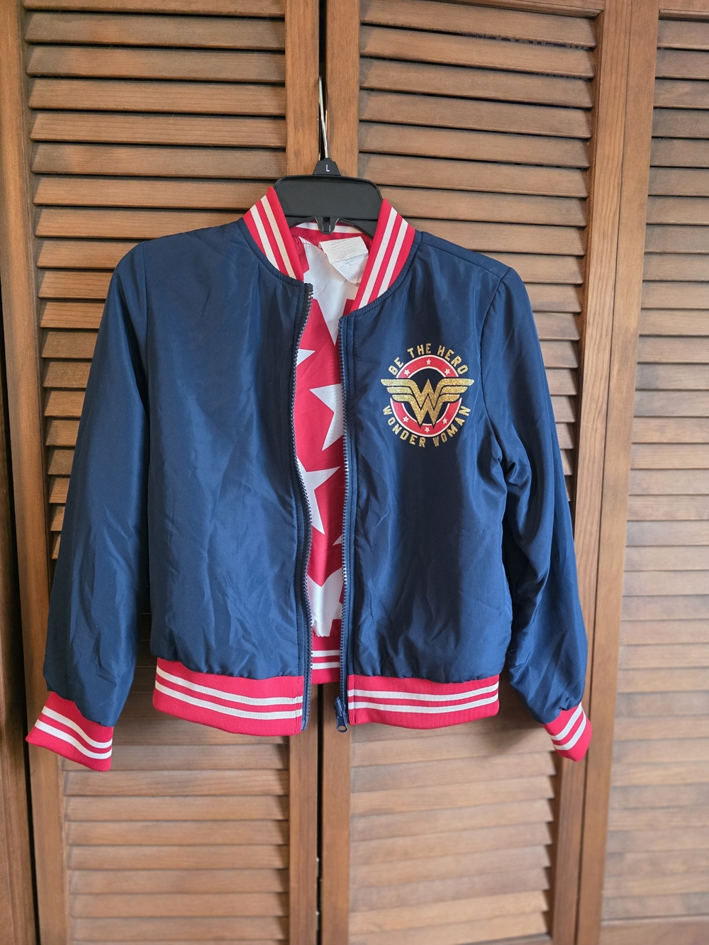 DC Comics Girls Wonder Woman Reversible Bomber Jacket Size M 7-8 Navy Red